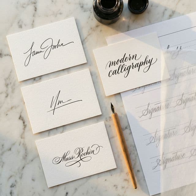Signature design pack — 4 variations with practice tracing sheets on marble background