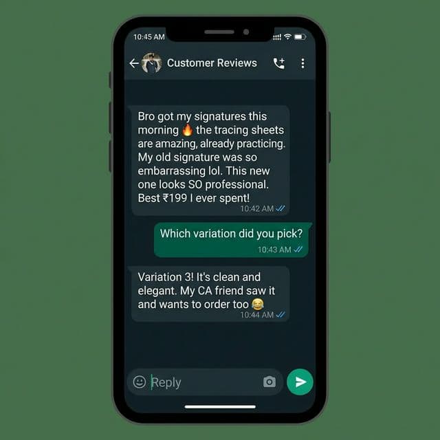 WhatsApp review — customer loves the signature and tracing sheets