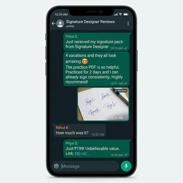 WhatsApp review — customer showing off 4 signature variations